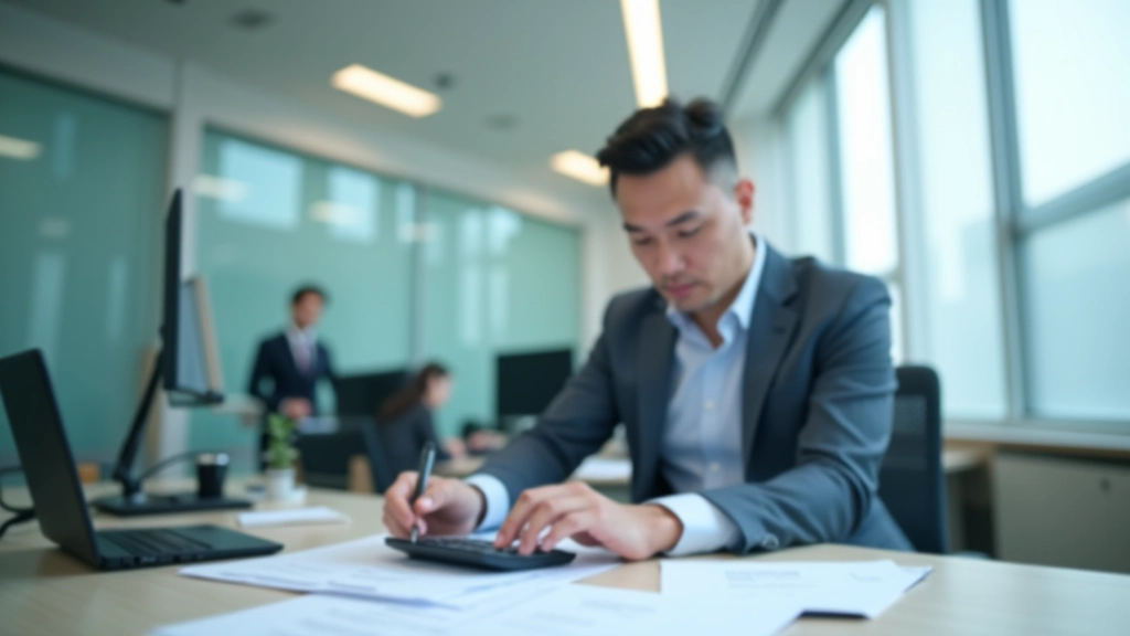 Accountant working at desk with calculator, spreadsheet, and financial documents in organized workspace