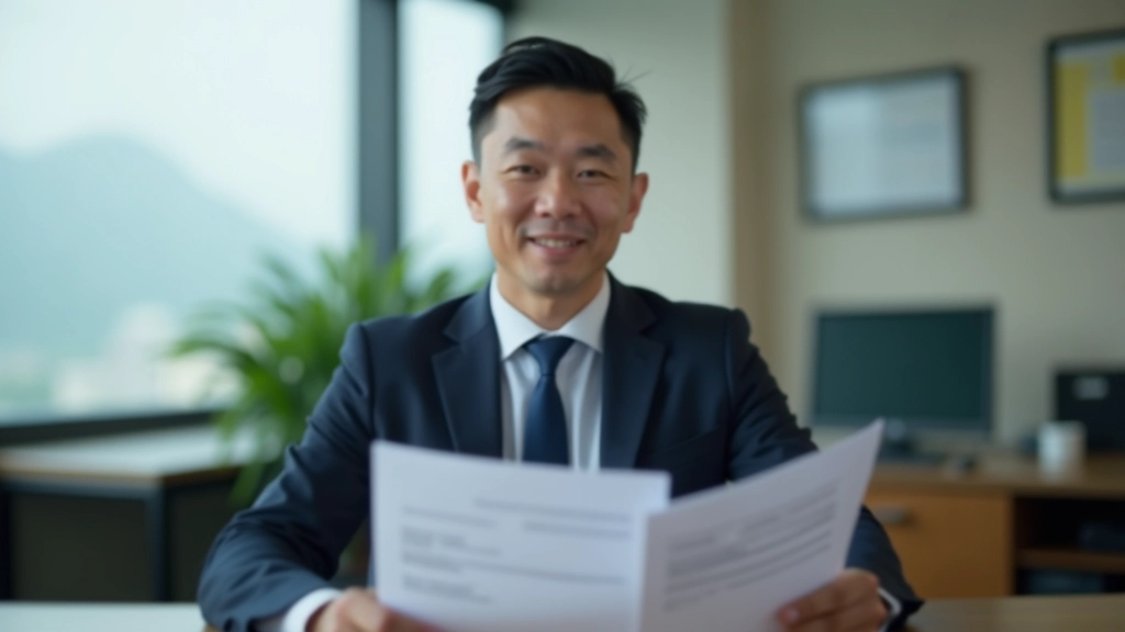 Business owner holding business registration documents with company seal and official papers on desk