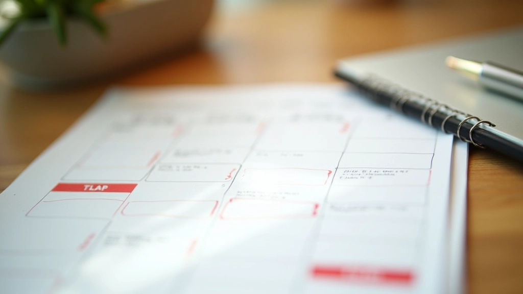 Professional calendar planner showing important tax dates marked with red circles and reminders