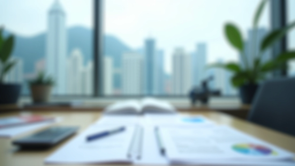 Professional workspace with tax documents, Hong Kong skyline visible through modern office window, natural daylight, clean desk organization