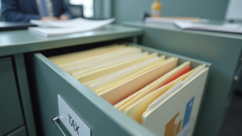 Organized filing system with labeled folders and documents showing proper tax record management