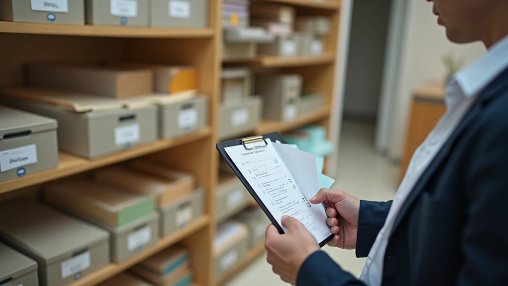 Organized filing system with labeled folders, documents, and compliance checklists neatly arranged on shelving