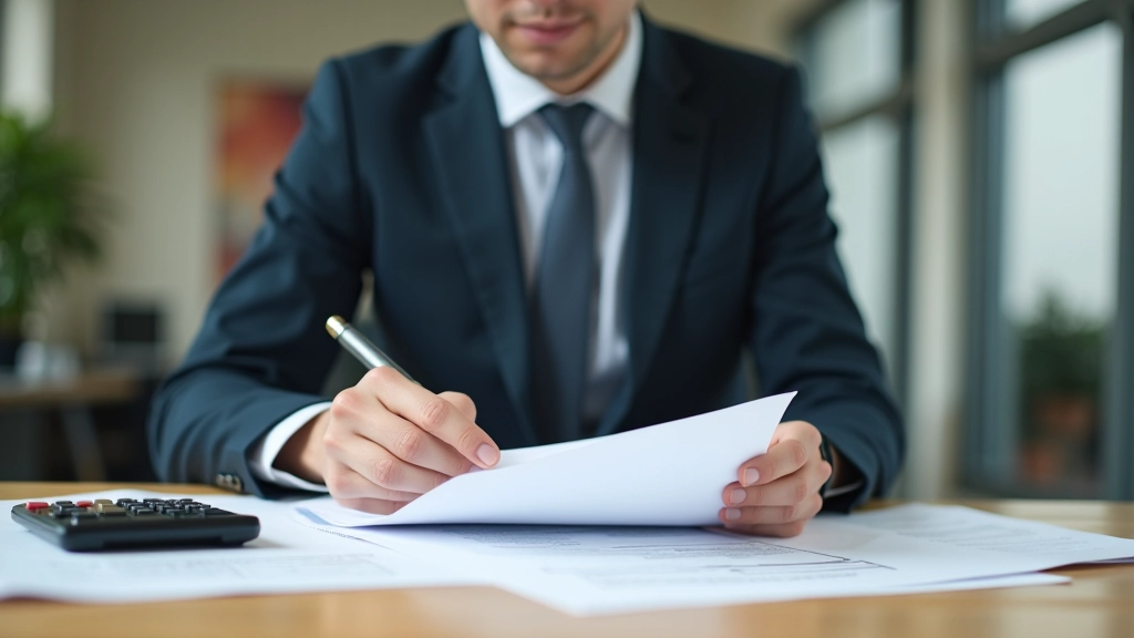 Person reviewing tax documents and receipts at a desk with calculator and folder