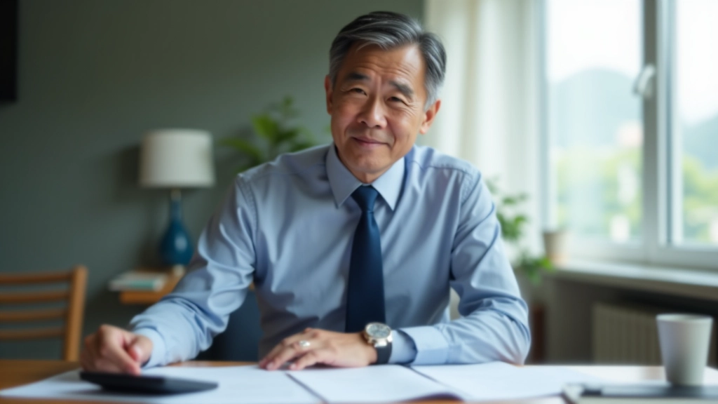 Business owner at desk reviewing tax documents with calculator and organized filing system