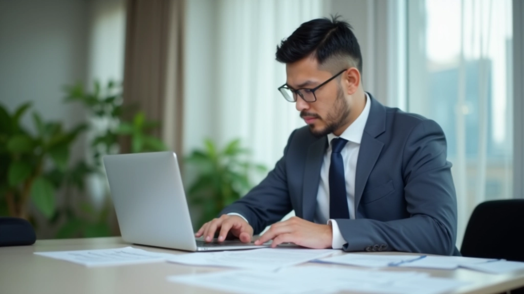 Person working at laptop reviewing tax documents with checklist and organized files nearby