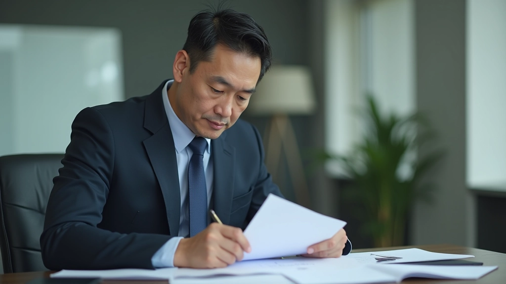 Serious business person at desk reviewing official compliance documents and tax notices with concerned expression