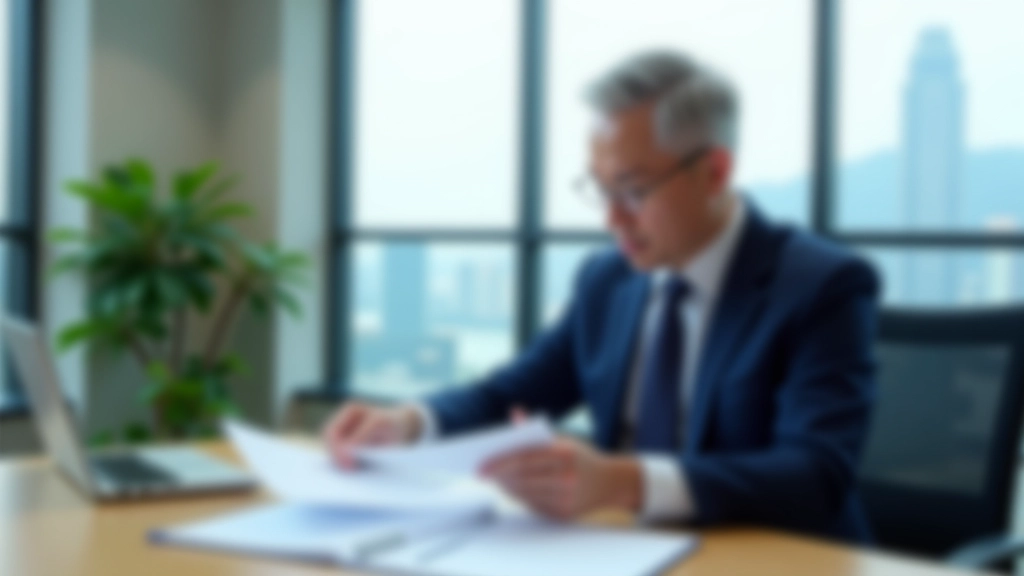 Professional tax advisor reviewing documents in modern office with Hong Kong skyline view